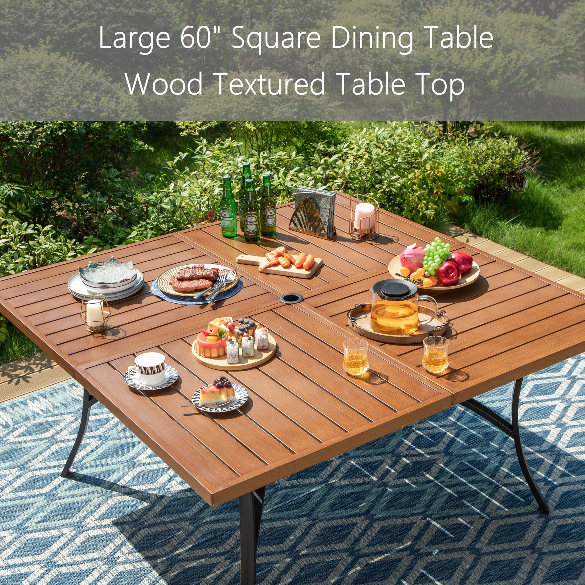 Summit Living 9-Piece Outdoor Dining Set with Wood Grain Table & Wicker Cushioned Chairs for 8-Person, Black & Beige