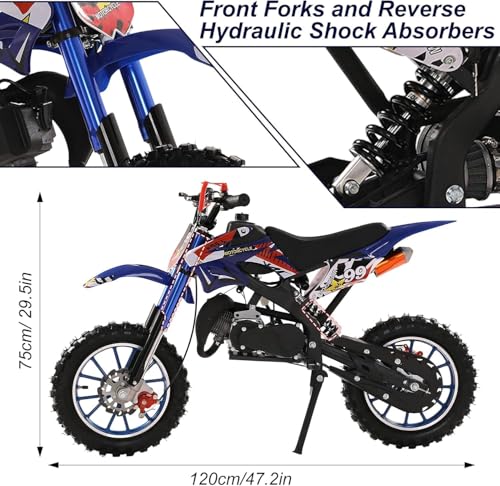 49cc Kids Dirt Bike, 2-Stroke Gas Powered Mini Motocross Motorcycle, Off-Road Dirtbike for Kids 5-14 with Front/Rear Disc Brakes, Shock Absorption