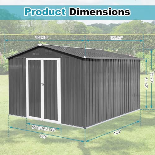 8x6 FT Outdoor Storage Shed, Metal Tool Shed with Lockable Doors, Peaked Roof & Frame Floor