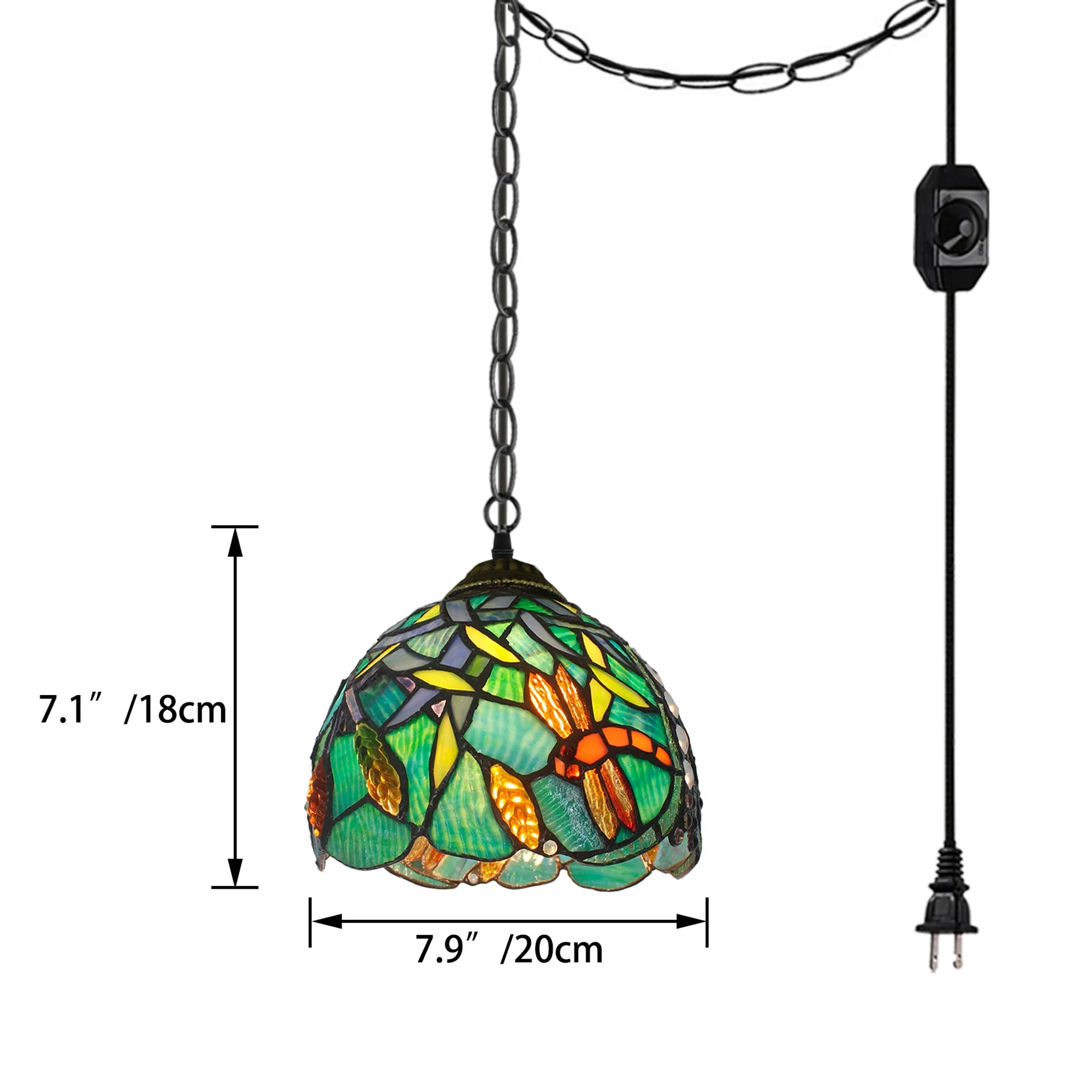 Kiven Plug in Pendant Light,E26 Socket Tiffany Style Hanging Light Fixture with 13ft Iron Chain, Dimmable,1-light