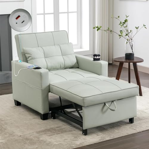 Sleeper Chair Bed, Modern 3 in 1 Convertible Chair Bed, Pull Out Sleeper Chair with USB/Type C Ports and Cup Holder
