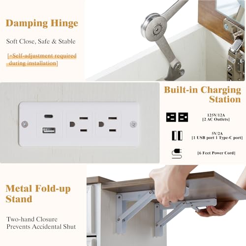 3-in-1 Vanity Set with LED Lighted Flip Top Mirror, Makeup Table with Fold-Up Panel, Hidden Stool, Charging Station