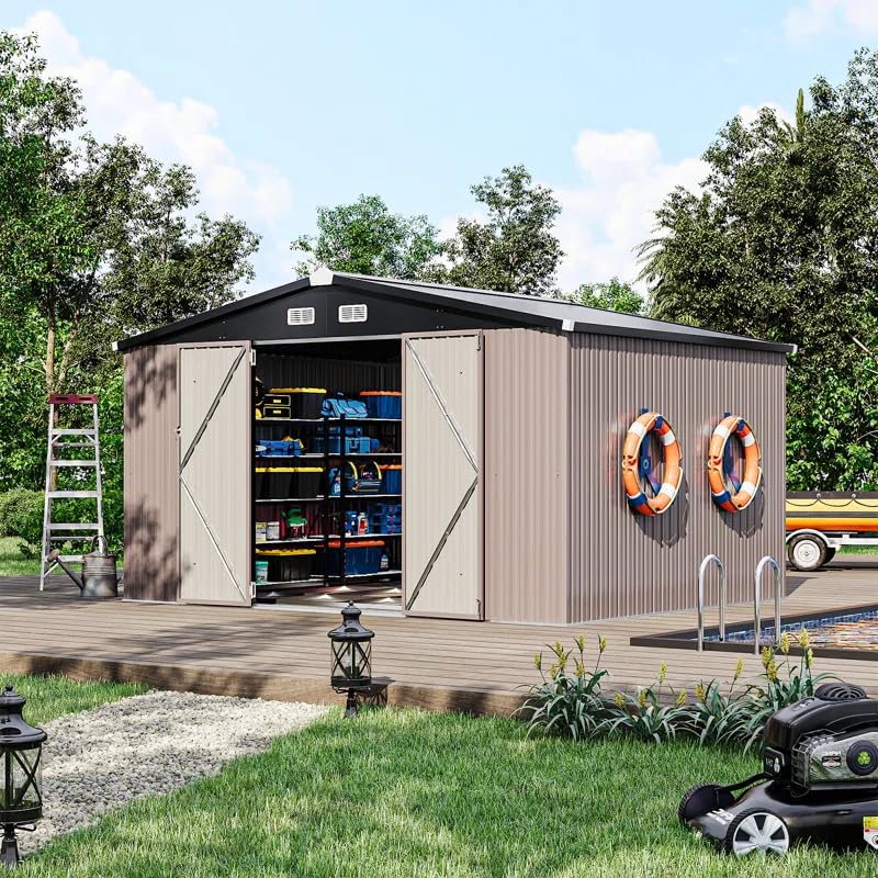 GVDV 10X12 FT Outdoor Storage Shed, Durable Metal Outside Storage for Garden, Patio and Backyard, Waterproof Shelter for Tools, Equipment