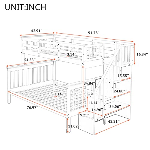 Ball & Cast Twin-Over-Twin Bunk Bed with Twin-Size Trundle and 3 Storage Stairs,Wood Bunkbed w/Full-Length Guardrails,Slat Support