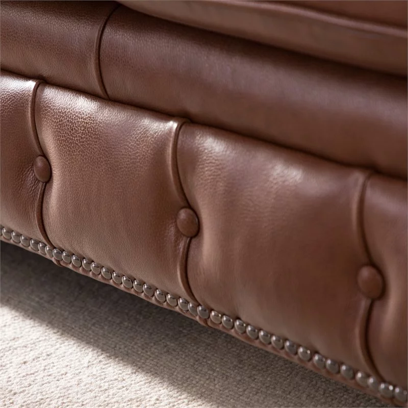Bowery Hill 20" Traditional Leather Tufted Back Chesterfield Sofa in Chestnut