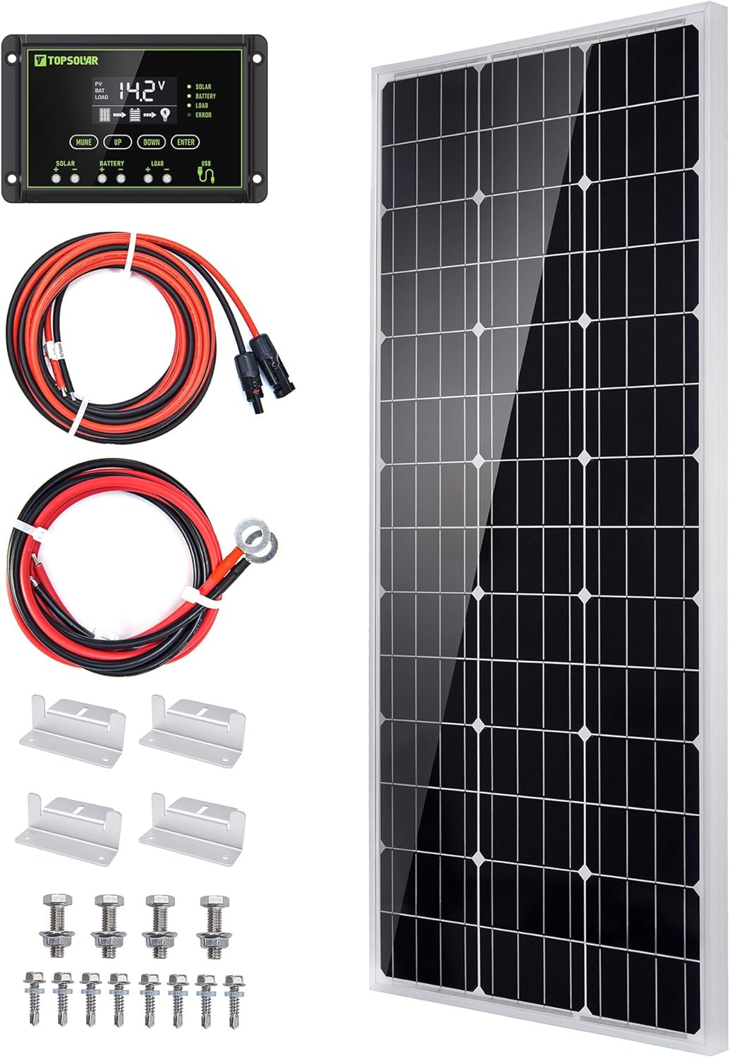 Topsolar Solar Panel Kit 100 Watt 12 Volt Monocrystalline Off Grid System for Homes RV Boat + 20A 12V/24V Solar Charge Controller + Solar Cables +