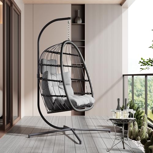 HWB Hanging Egg Chair with Stand, Patio Wicker Hammock Egg Swing Chair with Cushion for Bedroom Garden Indoor Outdoor (Beige)