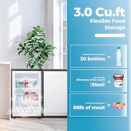 3.0 Cu.ft Upright Freezer, Small Mini Freezer with Adjustable Thermostat, Removable Shelves, Reversible Single Door, for Bedroom/Home/Dorms/Apartment
