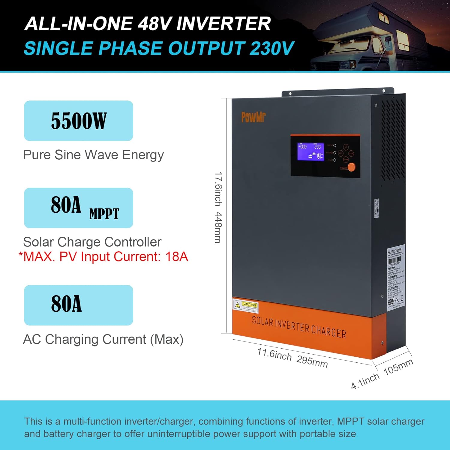 PowMr 5500w Solar Hybrid Inverter with 80A MPPT Charge Controller 48V DC to 220/230V AC