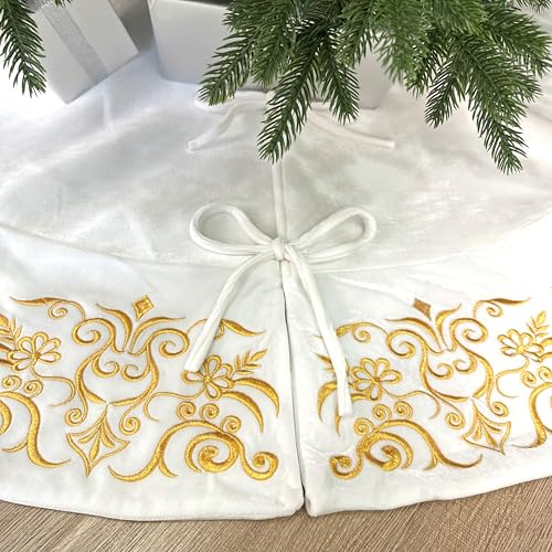 72-Inch Victorian Velvet Christmas Tree Skirt with Gold Damask Embroidery and Plush Lace Ties, Burgundy