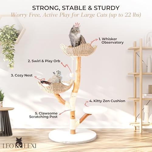 Real Wood Modern Cat Tree Tower, Cat Scratching Post with Bed for Indoor Cats Large Adult, Solid Wooden Climbing Tower, Cute Wicker Condo