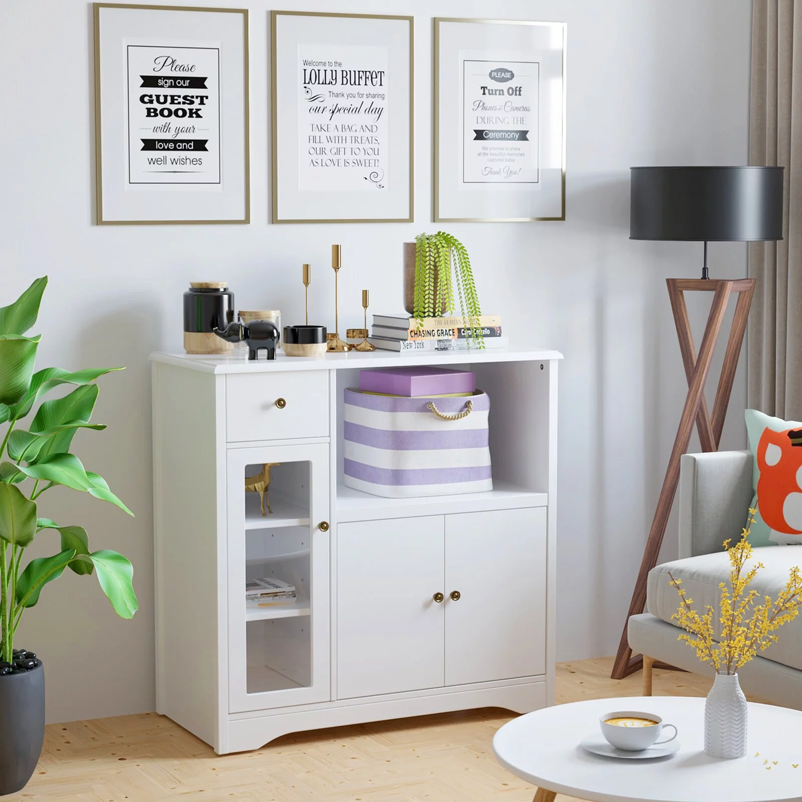Homfa Microwave Cabinet with Hutch, Kitchen Pantry Cabinet Sideboard with Adjustable Shelves and Drawer for Dining Room, White
