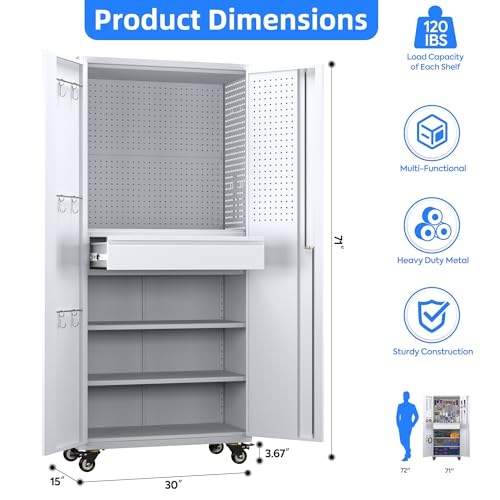 Garage Storage Cabinet with Wheels & Pegboard, 72" H Locking Metal Storage Cabinet with Doors and 4 Adjustable Shelves for Garage Workshop Home