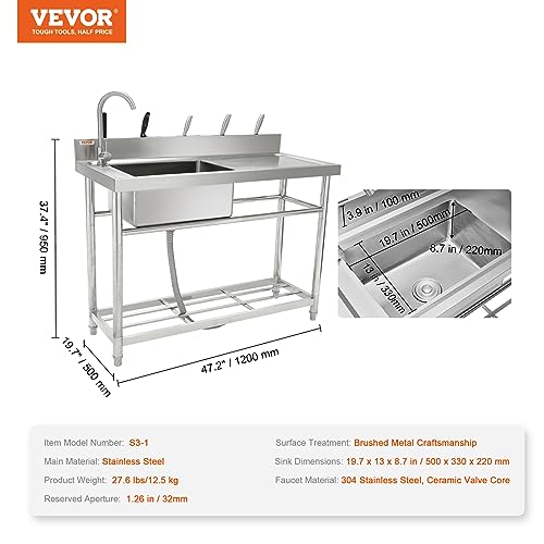 VEVOR Stainless Steel Utility Sink, 1 Compartment Free Standing Small Sink w/Workbench Faucet & legs