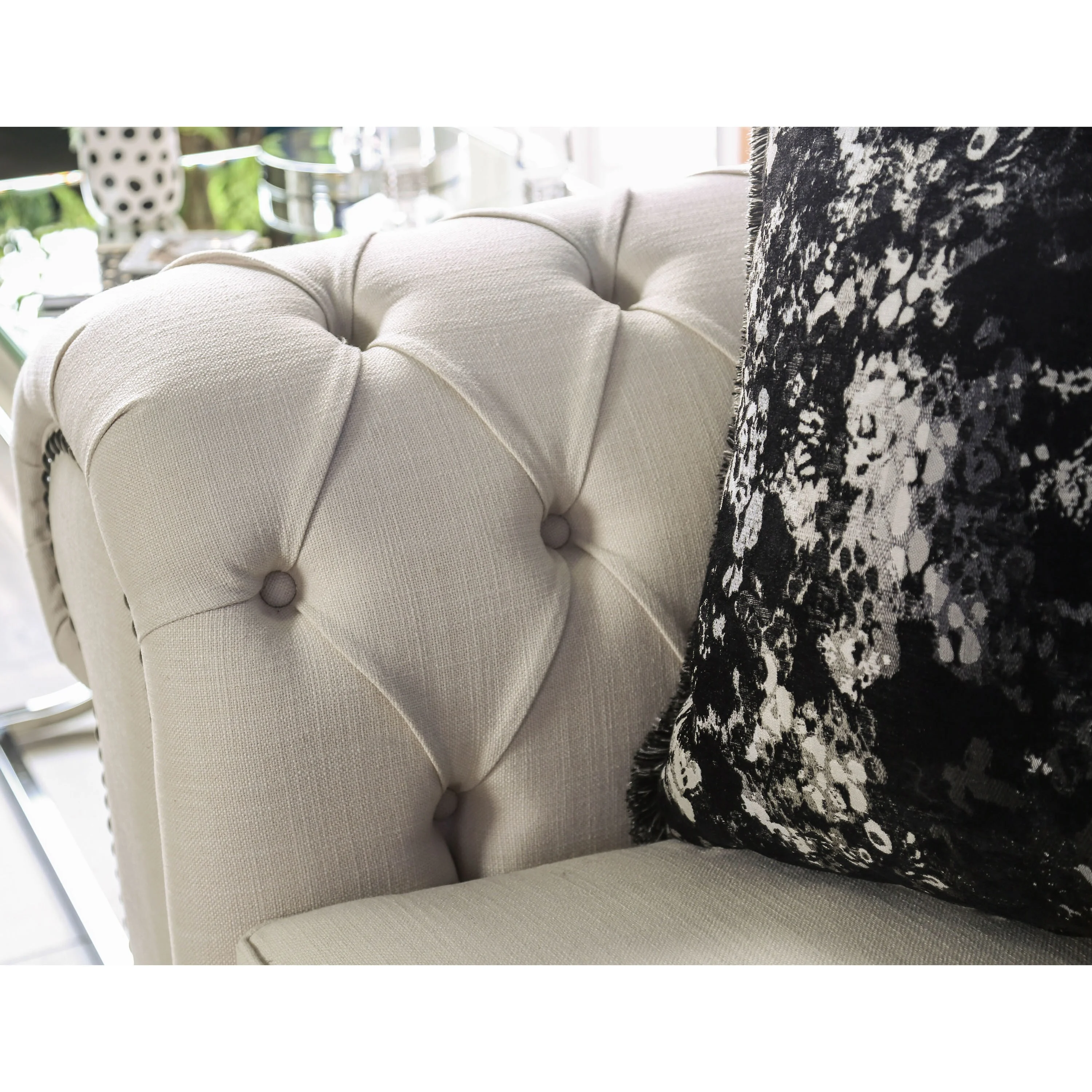 Furniture of America Cury Glam Beige Fabric Upholstered Tufted Nailhead Trim Sofa by