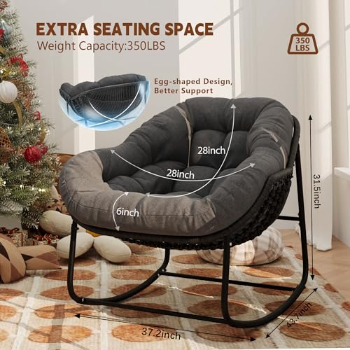 Outdoor Indoor Rocking Chair, Patio Wicker Egg Chair, Indoor & Outdoor Comfy Oversized Papasan Chair with Padded Cushion