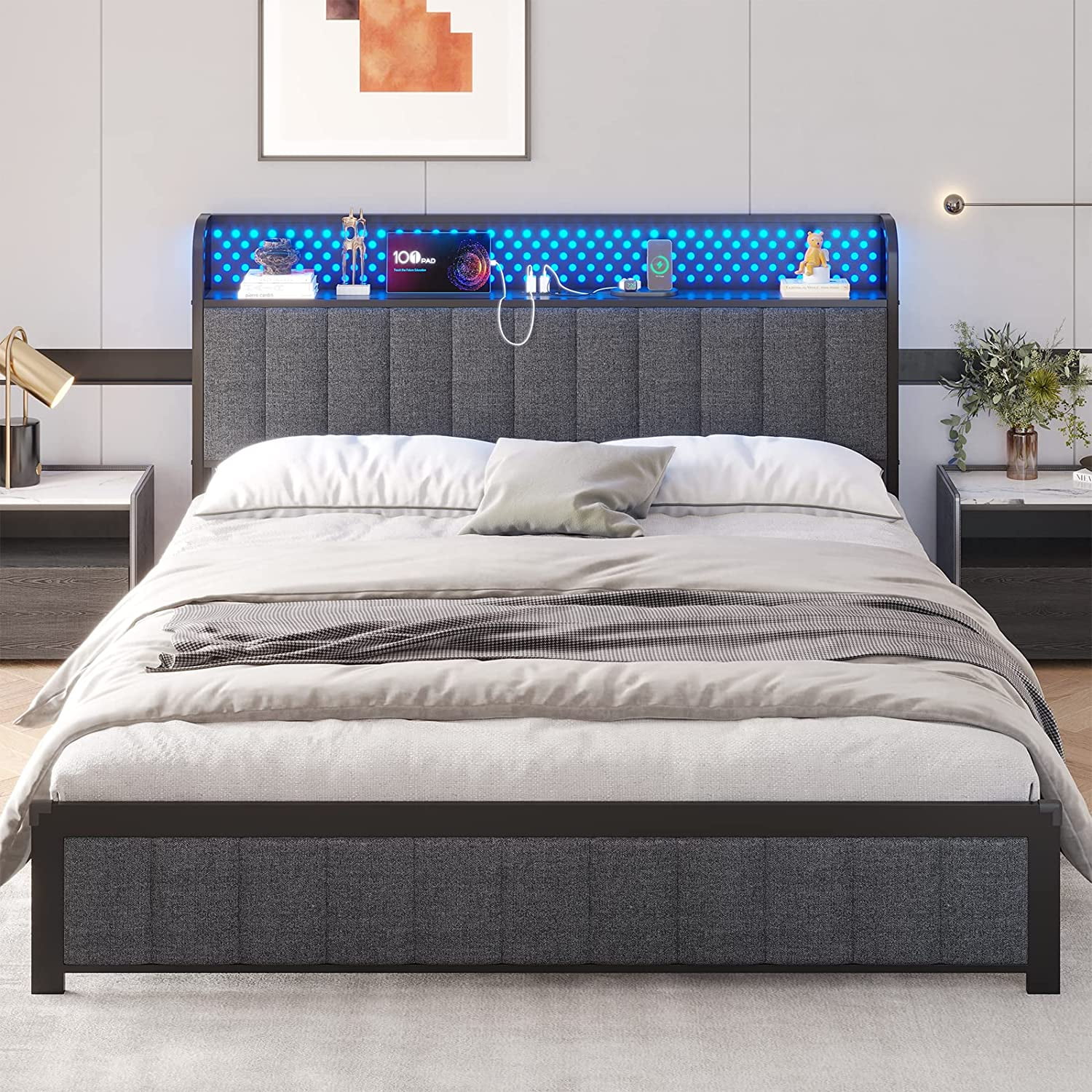 ADORNEVE Queen LED Bed Frame with Storage Headboard, Upholstered Platform Bed with Outlets and USB Ports, No Box Spring Needed, Dark Grey