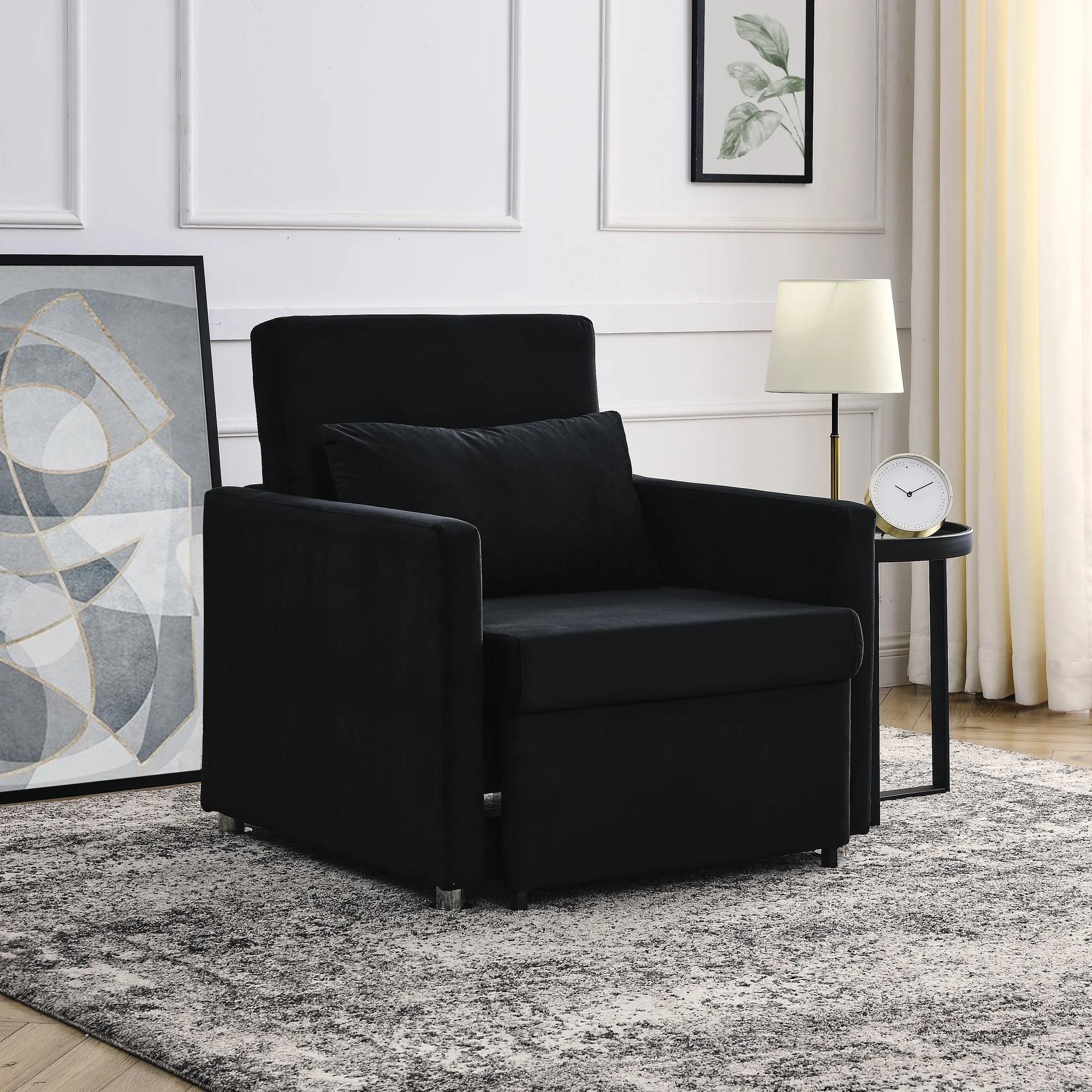 Sofa Bed Chair 2-in-1 Convertible Chair Bed. Lounger Sleeper Chair for Small Space with One Pillow. Black Velvet