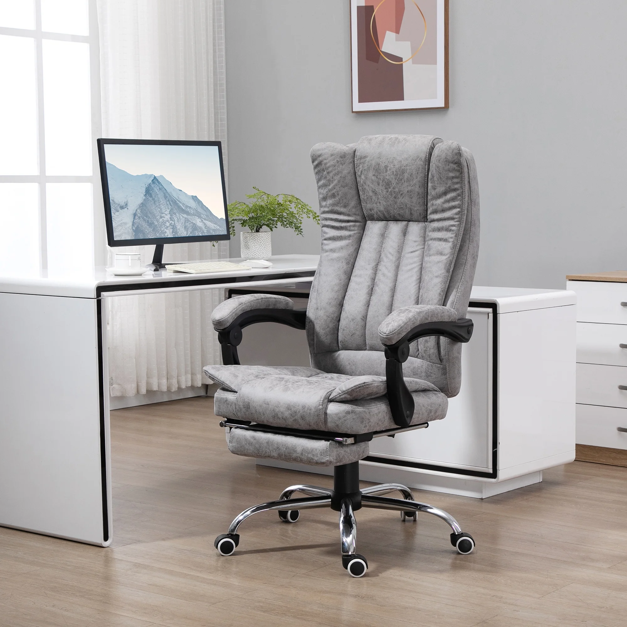 Vinsetto Microfiber Office Chair, High Back Computer Chair with 6 Point Massage, Heat, Adjustable Height and Retractable Footrest, Gray