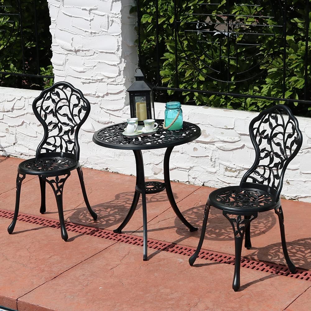 Sunnydaze 3-Piece Black Outdoor Cast Aluminum Patio Bistro Set