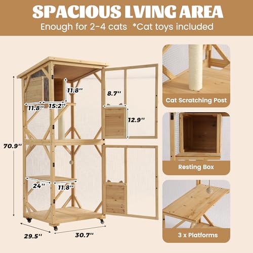 MAGIC UNION 71" Catio Outdoor Cat Enclosure Window Access, 4 Tiers Cats Playpen Catio with Wheels, Resting Box & Waterproof Roof