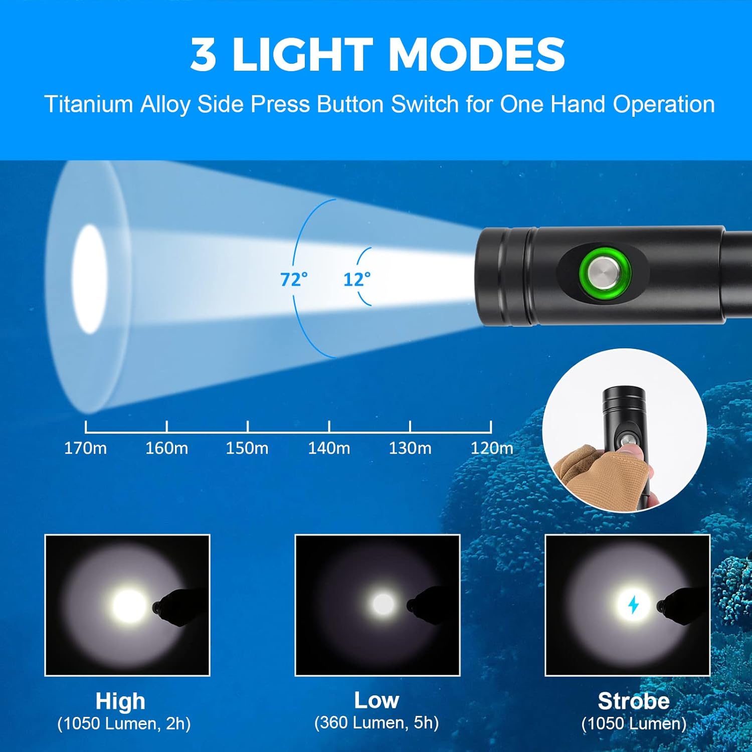 Odepro WD12 Scuba Diving Light 1050 Lumen Super Bright Compact Dive Lights with 3 Modes
