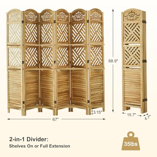 Room Divider with Shelves, 5.75ft Tall Folding Wood Carved Screen with Double Hinges for Home Office Bedroom Hotel Decoration (6 Panels, Natural)