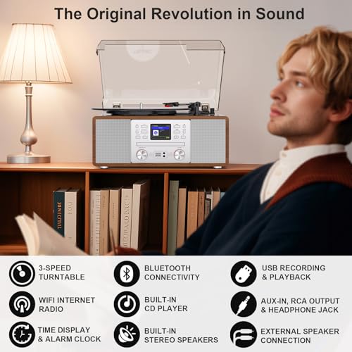 8-in-1 Retro Bluetooth Record Player with Built-in Stereo Speakers | Wireless 3-Speed Turntable for Vinyl, CD, MP3, USB/SD