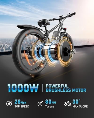 EB26 Electric Bike for Adults Peak 1500W Electric Bicycle 48V 15AH (720WH) Battery Electric Bike 26" Fat Tire Mountain 28mph 7 Speed Gears Ebike