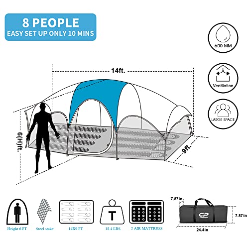 CAMPROS CP Tent 8 Person Camping Tents, Weather Resistant Family Tent, 5 Large Mesh Windows, Double Layer, Divided Curtain for Separated Room