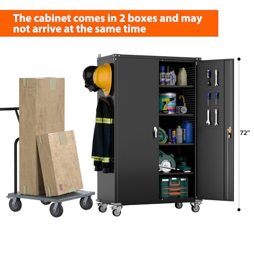 71" Metal Storage Cabinet with Wheels and Pegboard, Lockable Rolling Steel Storage Cabinet with 5 Adjustable Shelves and Door for Garage, Office