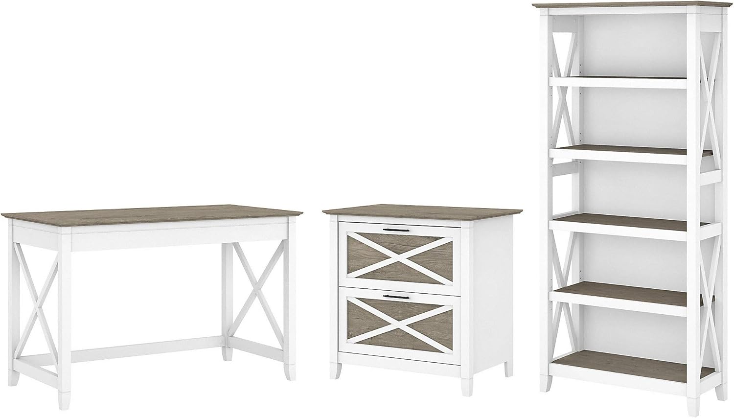 Bush Furniture Key West Writing Desk with 2 Drawer Lateral File Cabinet and 5 Shelf Bookcase, 48W, Dark Gray Hickory