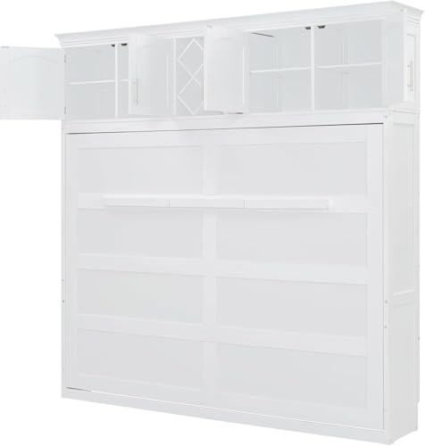 MERITLINE Queen Horizontal Murphy Bed Cabinet with Storage Bookcase Shelves and Charging Station,Wood Folding Grey Murphy Wall Bed for Adult