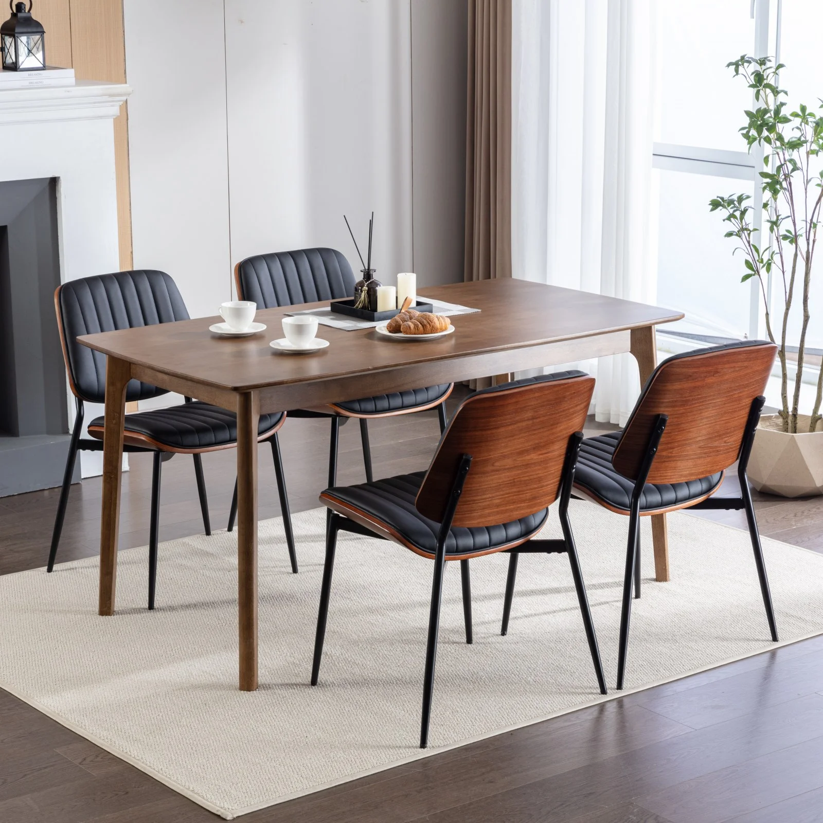 Bedluxury Dining Chairs Set of 2,Mid Century Modern Faux Leather Chair with Walnut Bentwood Back,Upholstered Seat Metal Legs for Kitchen,Living Room