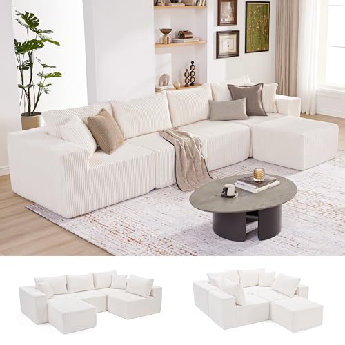 107.4" Cloud Couch Sectional, Modular Sofa with Deep Seat, Plush Corduroy L Shaped Boneless Couch, Convertible Sectional Couches for Living Room