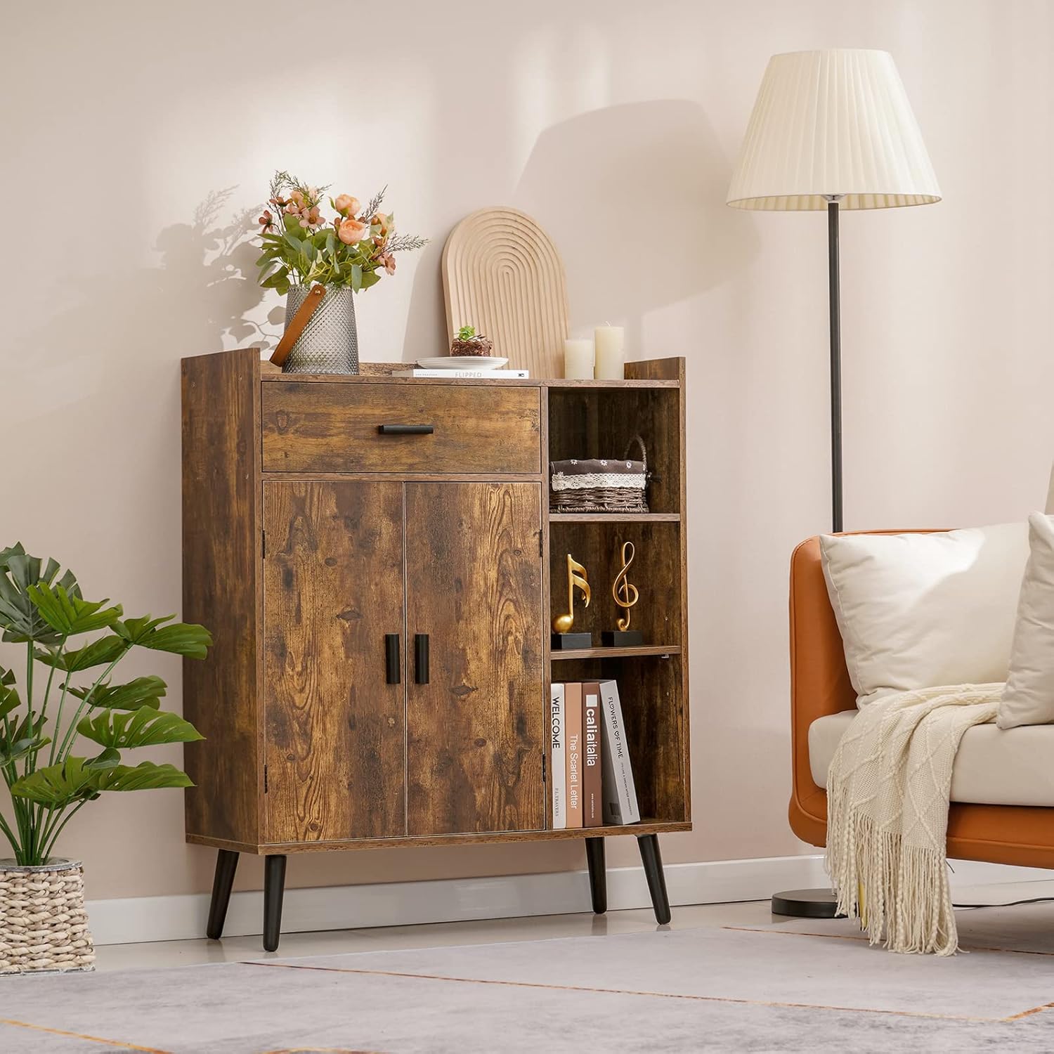 usikey Mid-Century Storage Cabinet with 1 Drawer 2 Doors 3 Shelves & Bookcase Storage Cabinet, Free Standing Cupboard with 4 Legs