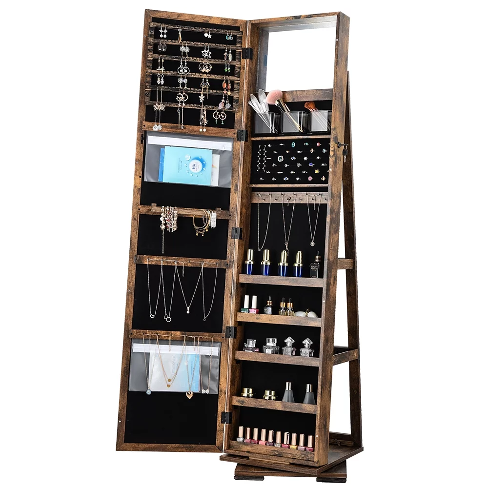 Woven Paths 360 Spinning Lockable Jewelry Armoire with Free-Standing Mirror, Brown