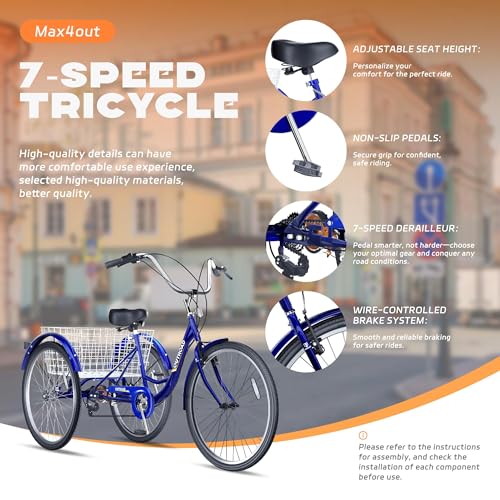 7-Speed Adult Tricycle with Large Basket 24/26 Inch, Stable 3-Wheel Cruise Bicycle for Shopping, Beach and City Trike Perfect for Men, Women