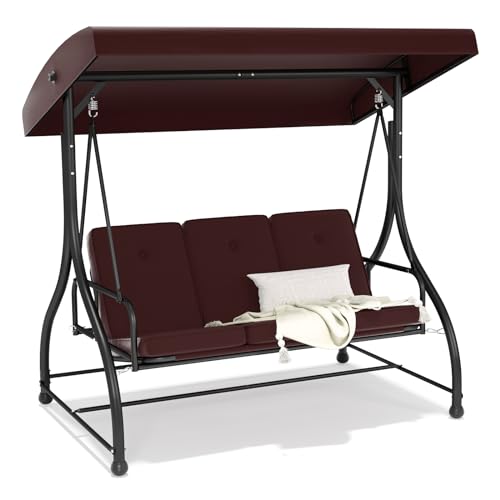 3-Seat Outdoor Porch Swing Glider with Adjustable Canopy, Patio Swings Bed with Removable Cushion for Porch, Backyard, Garden, Poolside, Balcony