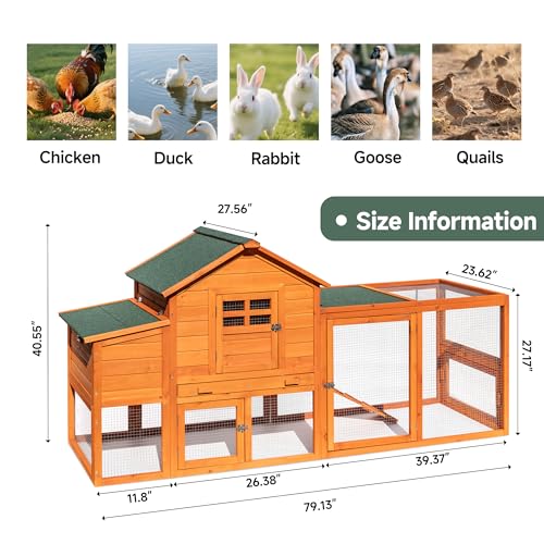 GARWOOD Large Wooden Chicken Coop Outdoor Big Hen House Poultry Pet Duck Hutch with Run Cage Nesting Box Waterproof Asphalt Roof Ramp Removable Tray