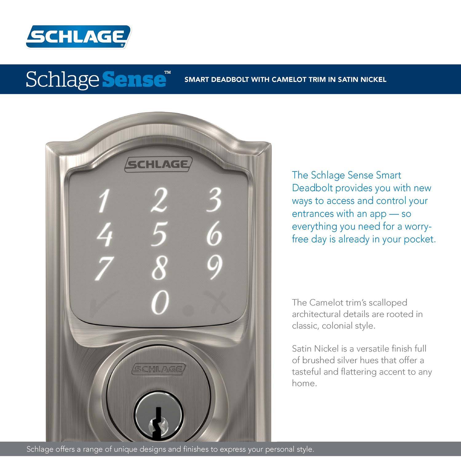 Schlage Camelot Sense Deadbolt - Satin Nickel