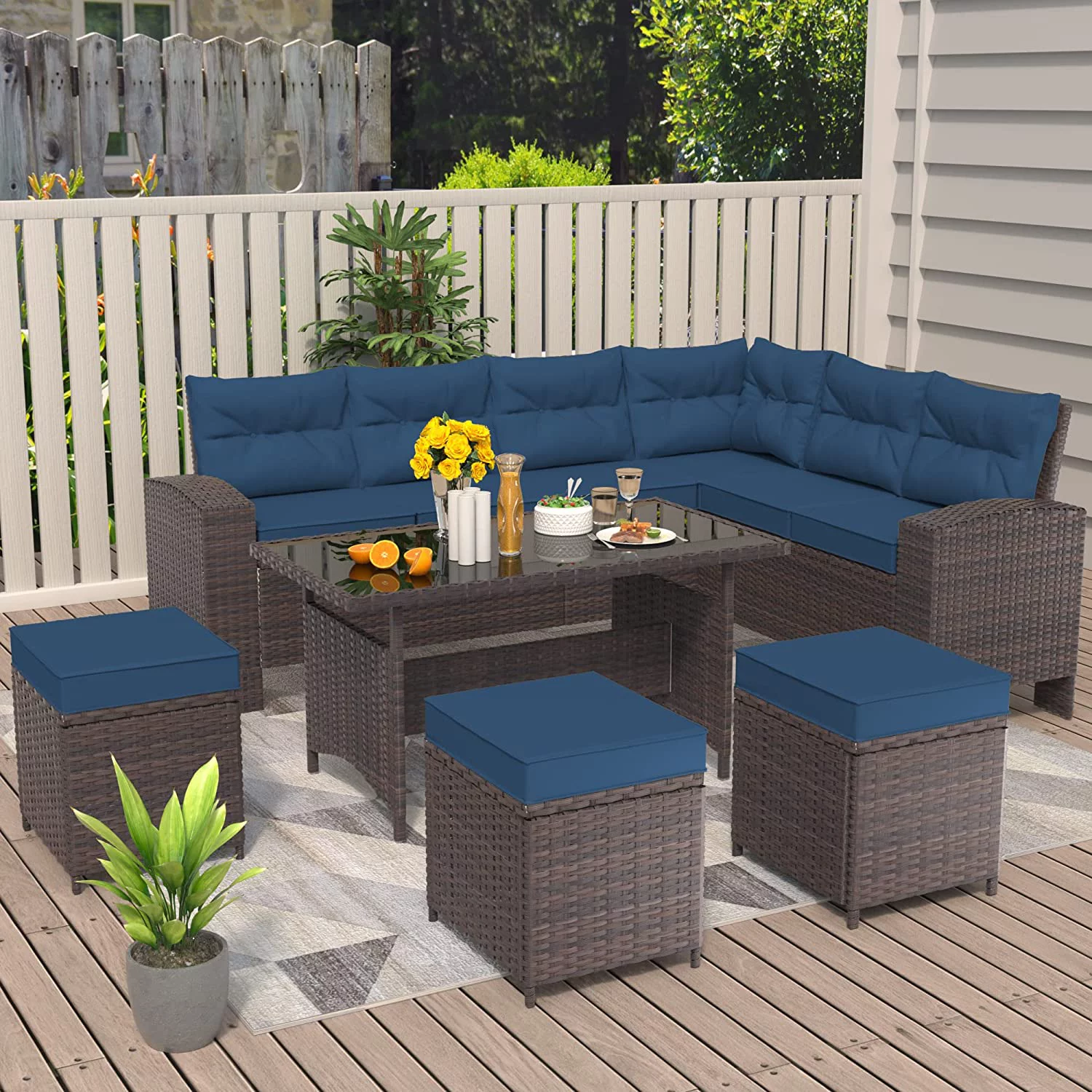 ALAULM 7 Pieces Outdoor Patio Furniture Set with Dining Table Outdoor Dining Set Sectional Sofa Brown Rattan Patio Conversation Set with Red Cushions