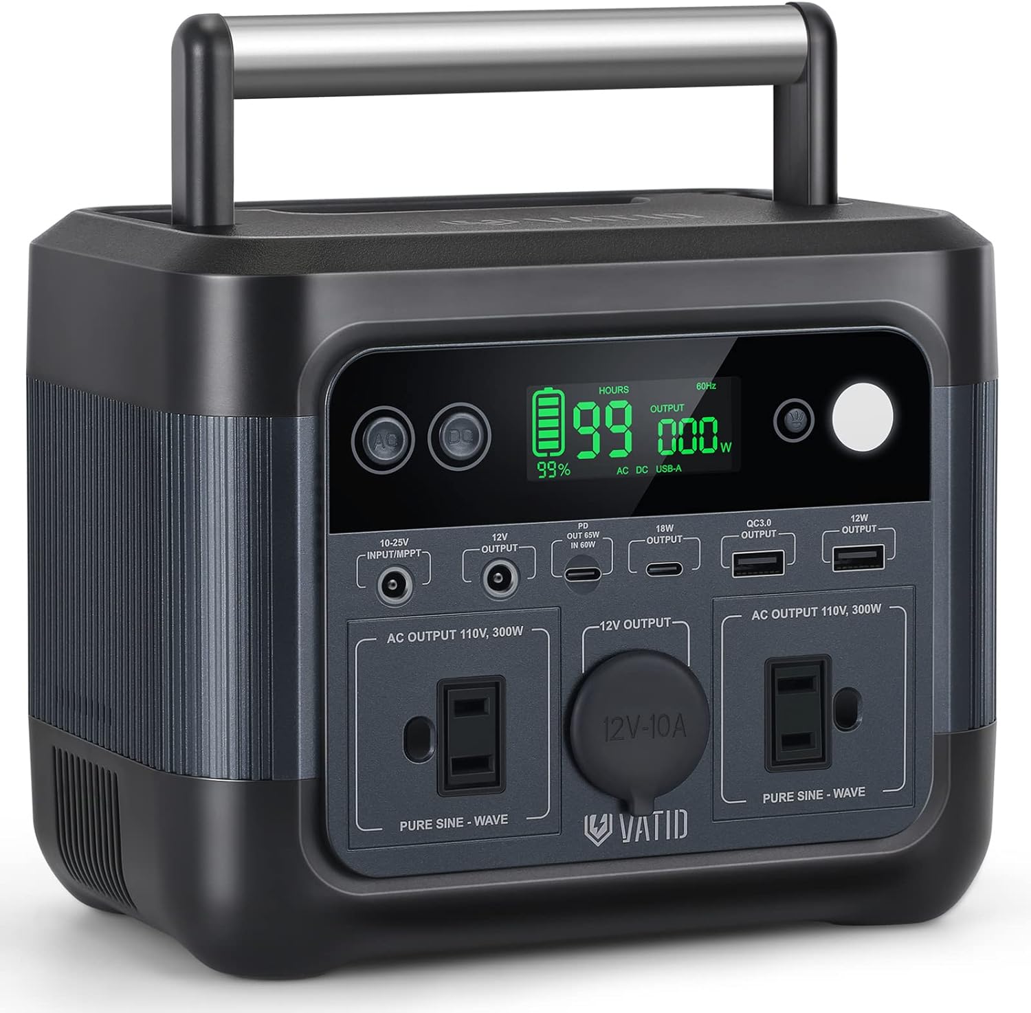 VATID Portable Power Station,600W 518Wh Solar Power Station,110V AC,12V Regulated DC,3.5hrs 100% Recharge,Pure Sine Wave