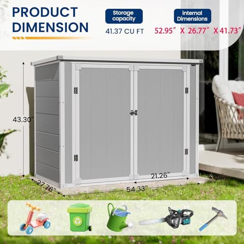 Amopatio 41 Cu Ft Outdoor Storage Shed, Horizontal Resin Trash Can Storage, Weather Resistance, Storage Box with Floor Included for Garden Tools