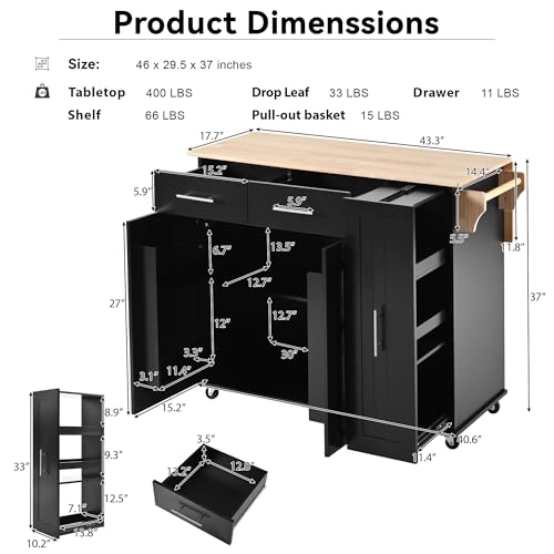 55.7'' Large Kitchen Island with 2 Drop Leaf, Rolling Kitchen Cart on 5 Wheels with Power Outlet