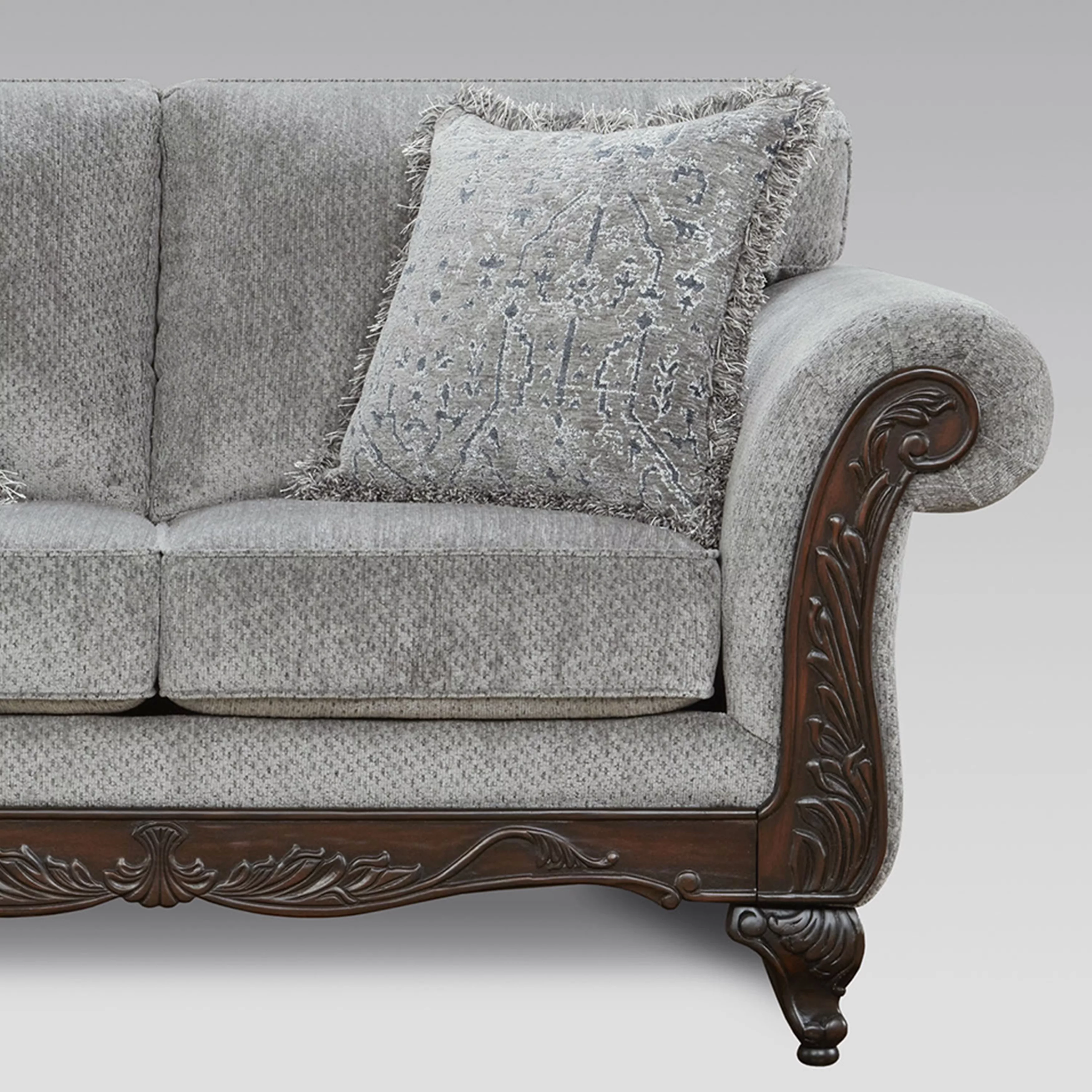 Roundhill Furniture Hernen Carved Wood Frame Polyester Sofa and Loveseat Set, Gray