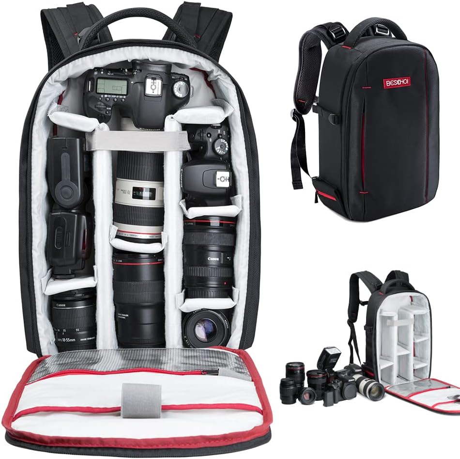 Beschoi DSLR Camera Backpack Waterproof Camera Bag for SLR/DSLR Camera, Lens and Accessories, Black (Large)