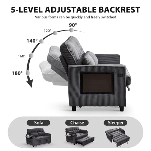 Sleeper Sofa Bed, 52‘’ Convertible Pull Out Couch with Small Table| USB Port | Side Pockets | Corduroy Fabric | Adjustable Backrest for Apartment