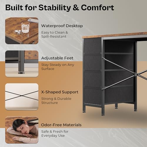 Huuger 63 Inch L Shaped Desk with Fabric Drawers, Reversible Computer Gaming Desk with Power Outlets and USB-C Port, Adjustable Side Storage Shelves