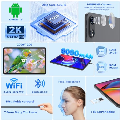 Tablet 12 inch Android 15 Tablets, 24GB（8+16）RAM+256 Storage(Expand to 1TB), Android Tablet with Keyboard, Octa-Core, 2K 2000x1200 Display
